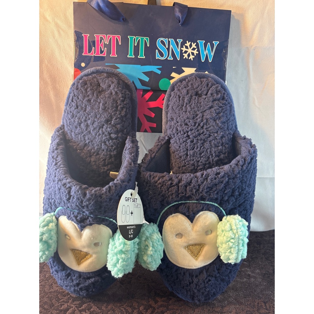 Nordstrom Rack Penguin Slippers Gift Set Navy Blue Sherpa Earmuffs Womens L 9-10